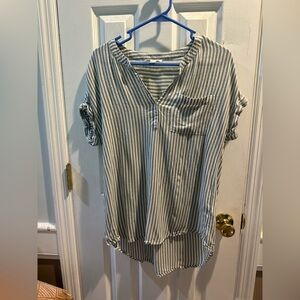 Beach Lunch Lounge V Neck Short Sleeve Top Shirt Greige White Stripe Med Pocket‎